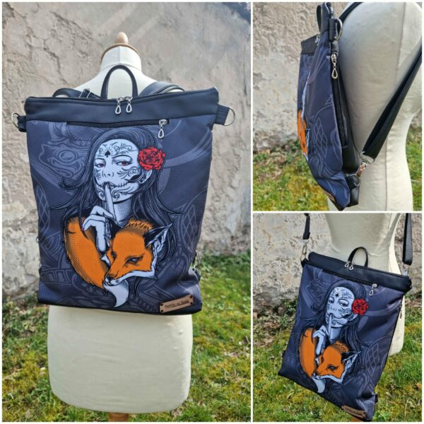 Crossbody kabelko batoh s motivem ženy s liškou.