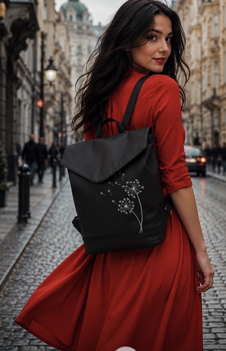 Crossbody batoh s výšivkou pampelišky ve větru.